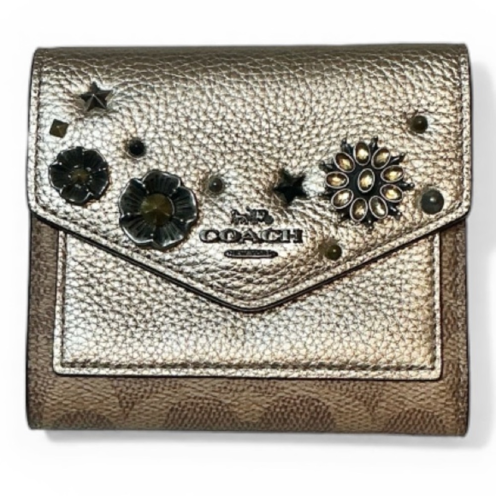 Coach Rare Floral Appliqué Studded Flap Trifold Wallet Gold & Brown NWOT